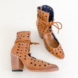 Freebird by Steven Size 8 Cognac Brown Flute Perforated Lace Up Ankle Booties